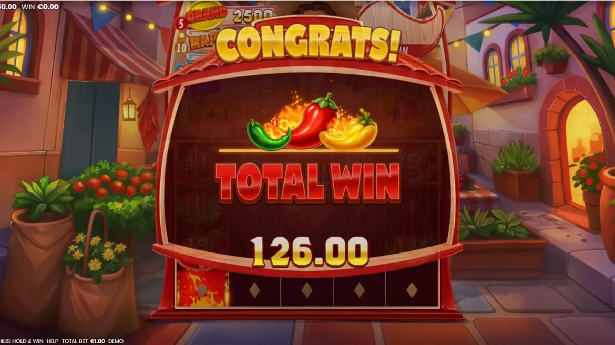 Screenshot ng 3 Blazing Chilis: Hold & Win slot game na nagpapakita ng Mexican fiesta theme na may mga sili at jackpot sa itaas ng mga reel.