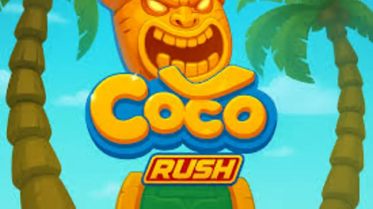 Makulay na tropikal na tema ng Coco Rush slot na may mga simbolo ng niyog at gintong kayamanan.