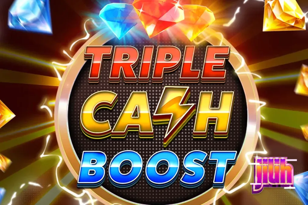 Triple Cash Boost slot game interface na may neon fruit symbols at diamond meters